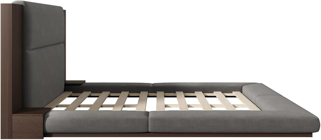King Size Floor Upholstered Platform Bed with Extended Wood Headboard and Side Storage Shelves, Modern Velvet Platform Bed Frame with Slats Support, No Box Spring Required, Noise-Free