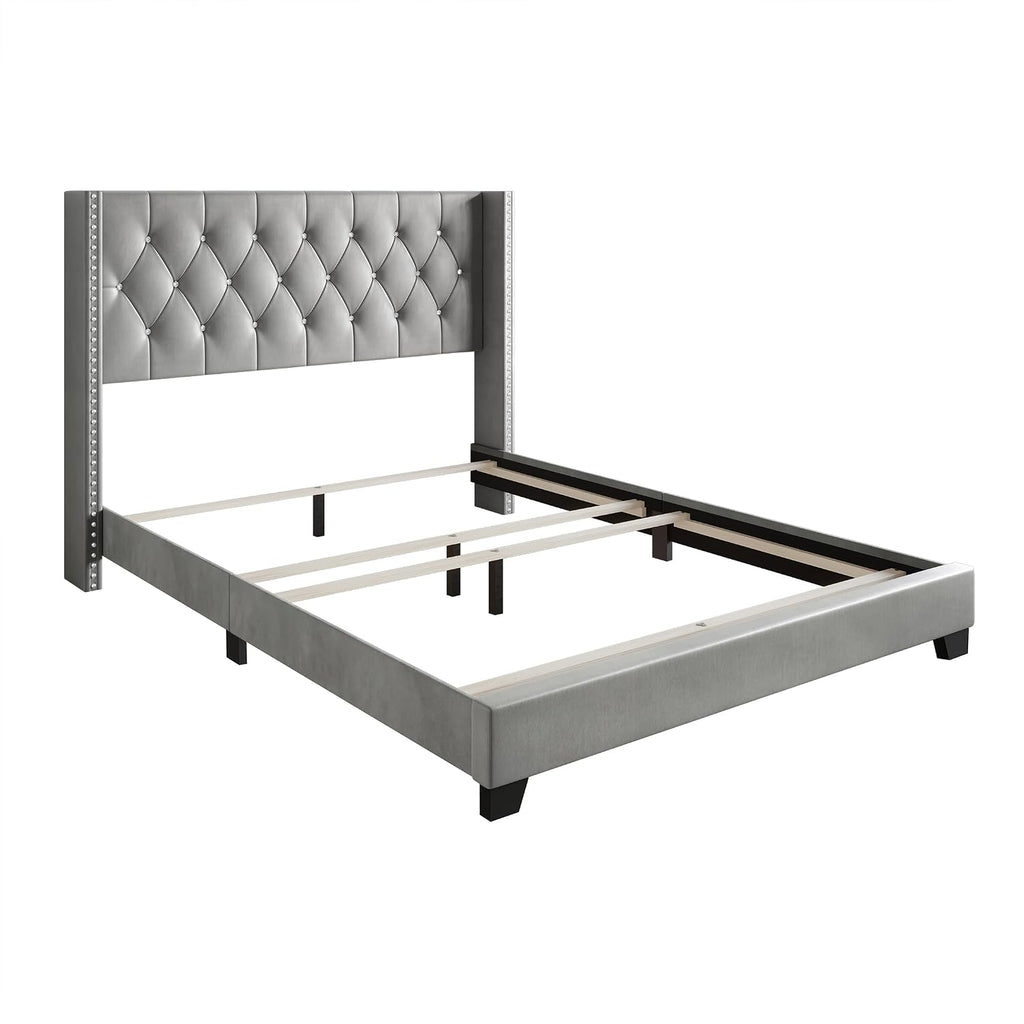 Twin Button Tufted Wingback Velvet Upholstered Bed, Silver Grey