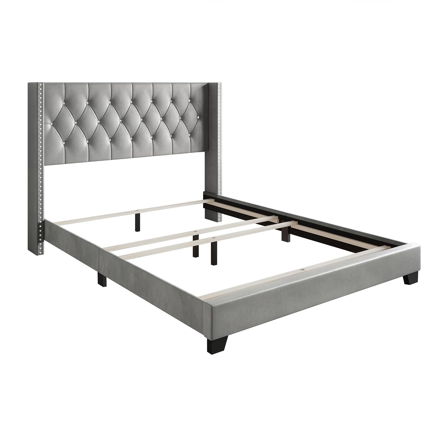 Full Button Tufted Wingback Velvet Upholstered Bed, Silver Grey
