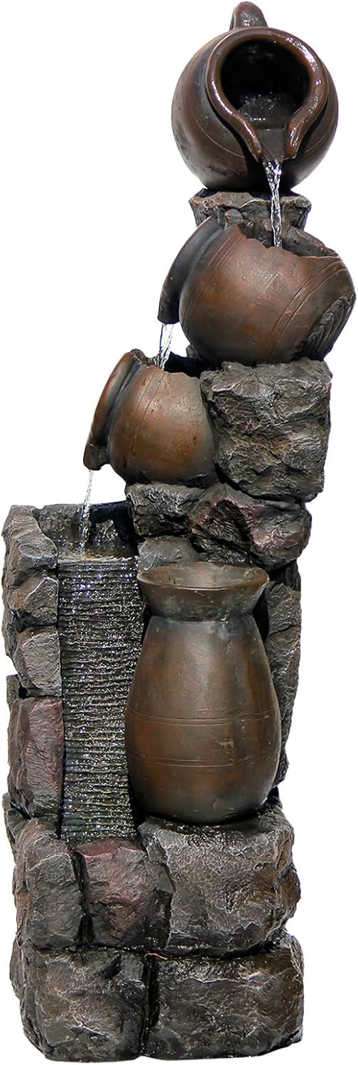 45.67''H Water Fountain Outdoor with Planter Pot 5 Tiers Cascading Waterfall Garden Fountains Indoor LED Lights Water Feature Decor for Porch Patio Backyard Deck