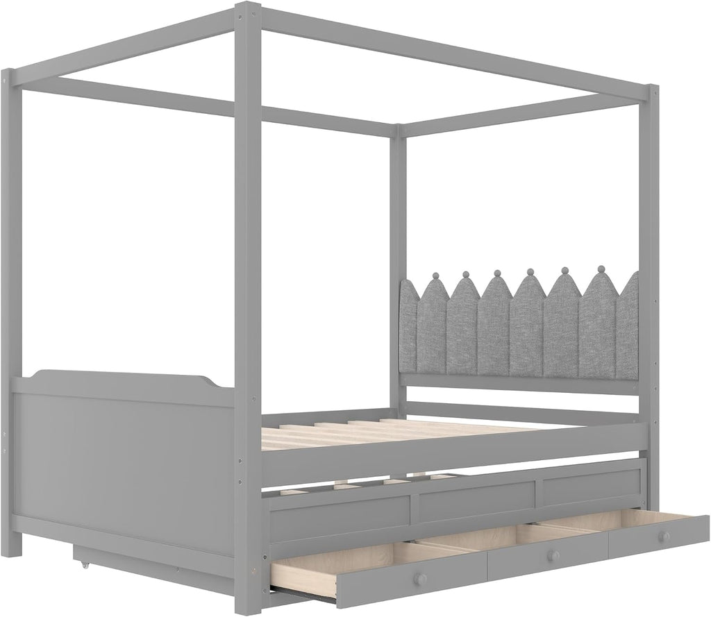 Full Size Wood Canopy Bed with Upholstered Headboard, Twin Size Trundle and 3 Drawers, No Box Spring Needed (Gray, Full)