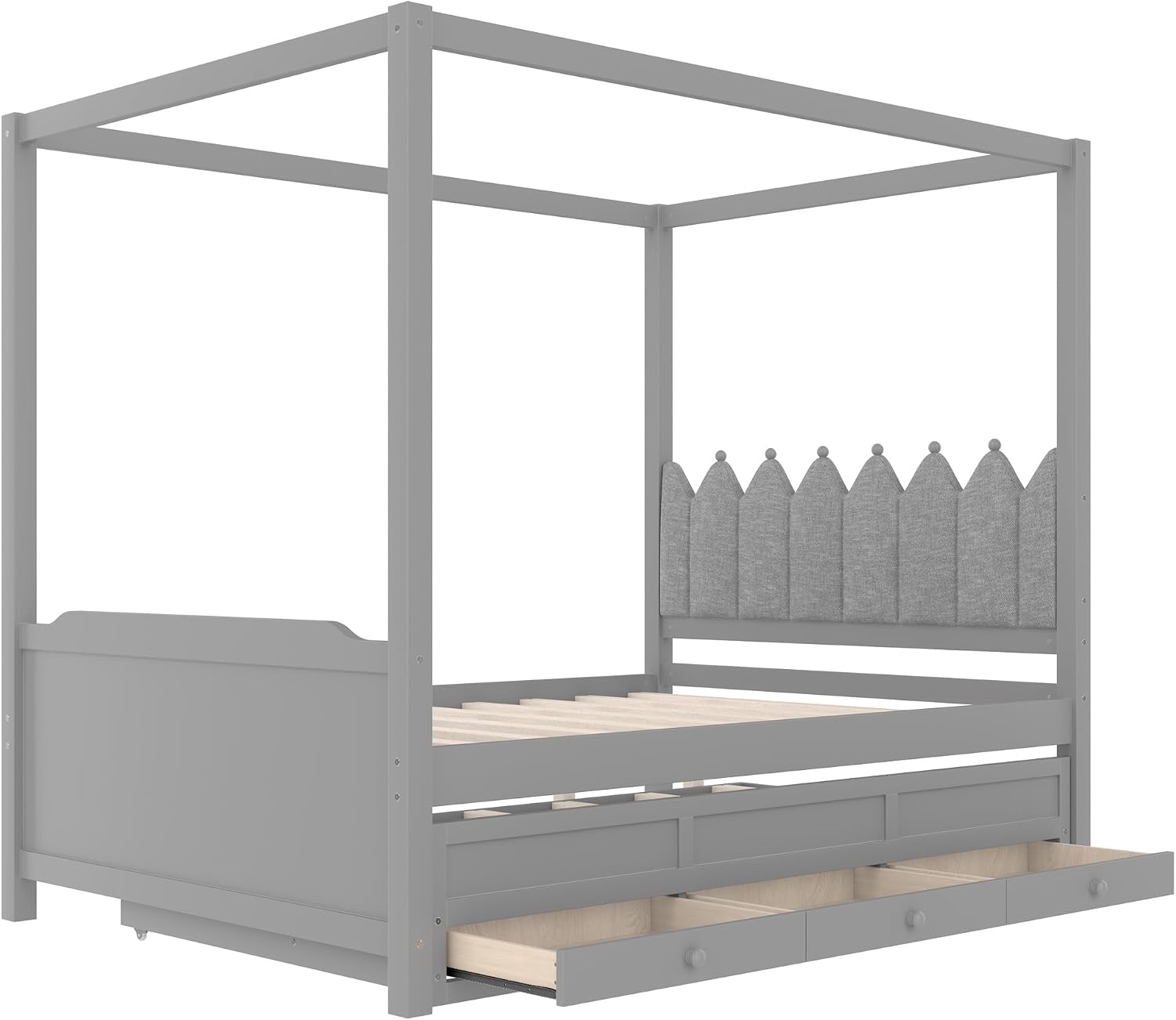 Full Size Wood Canopy Bed with Upholstered Headboard, Twin Size Trundle and 3 Drawers, No Box Spring Needed (Gray, Full)