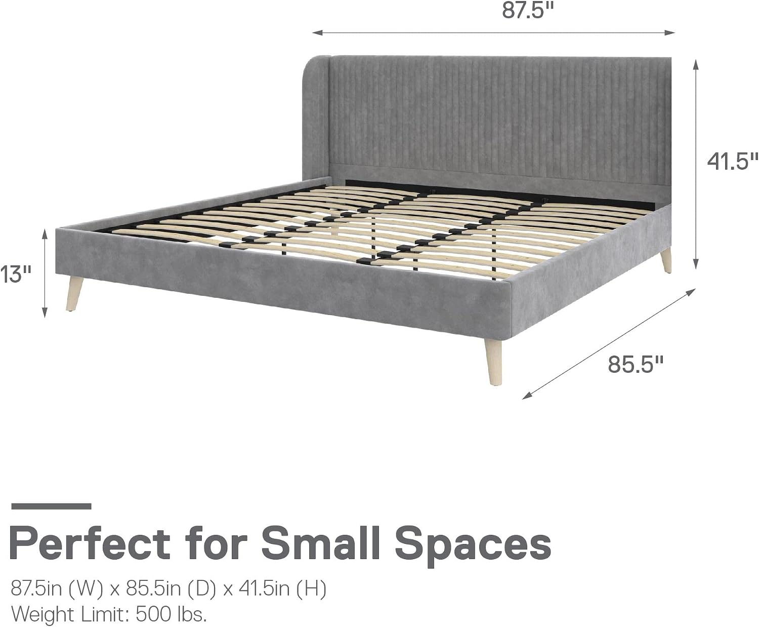 Novogratz Holly Upholstered Wingback Bed Frame, King, Light Gray Velvet