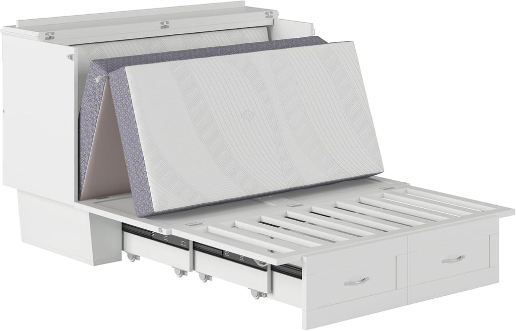 AFI, Monroe Full Murphy Bed Chest with 6' Mattress, Storage Drawer & Built-in USB Charger, White