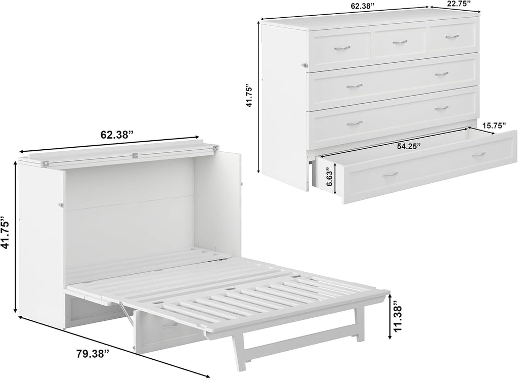 AFI Northfield Queen Size Murphy Bed Chest with Mattress, Storage, & Built-in Charger in White