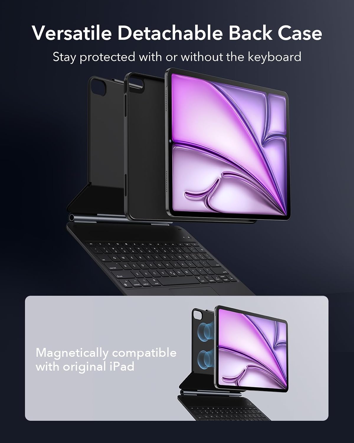 ESR for iPad Air 13 Inch Case Keyboard M4/M3/M2 (2026/2025/2024), Easy-Set Magnetic Stand, Portrait/Landscape Mode, Removable Case with Multi-Touch Trackpad, Rebound 360 Series, Black