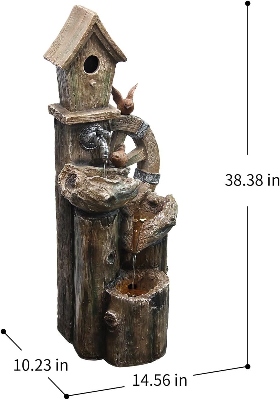 YZM 38.38' H Water Fountain Outdoor Garden 3-Tier Birdhouse Waterfall Fountain with Faucet Tree Trunk Indoor Floor Cascading Water Feature with LED Lights for Patio Yard Home Backyard Decor