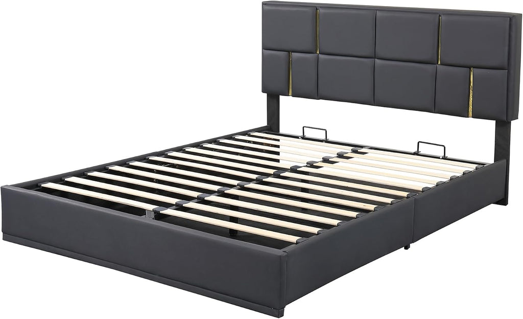Queen Size Upholstered Bed Frame with Storage Ottoman, Hydraulic Storage Bed Frame with Headbaord and Storage Bench, 2-Piece Bedroom Furniture Set - Black