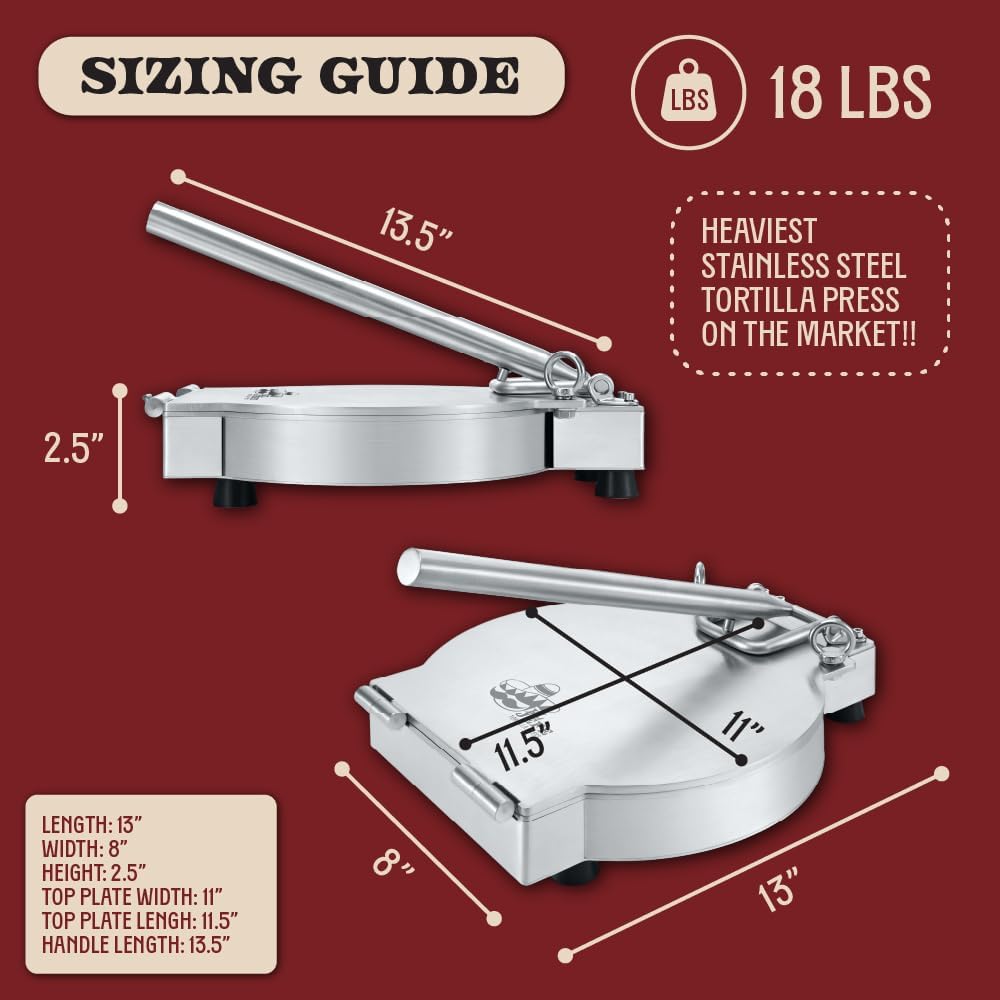 Concord 11' Stainless Steel EL JEFE Commercial Grade Tortilla Press. 2 Gauge Thickness, 18 LBS. Perfect Maker for Flour or Corn Tortillas, Quesadillas, Roti, and much more!