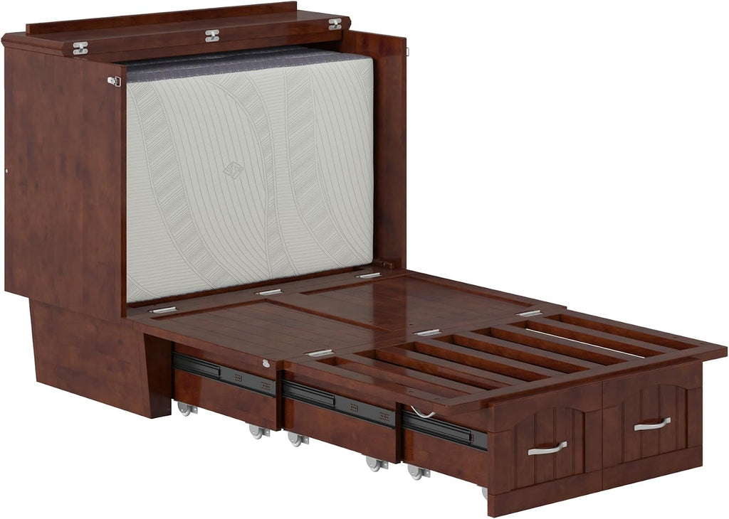 AFI, Nantucket Twin Murphy Bed Chest with Mattress, Storage Drawer, and Built-in USB Charger, Walnut