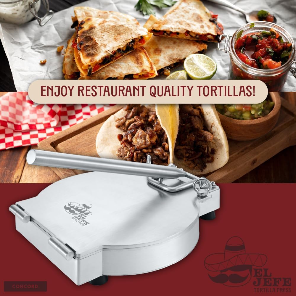 Concord 11' Stainless Steel EL JEFE Commercial Grade Tortilla Press. 2 Gauge Thickness, 18 LBS. Perfect Maker for Flour or Corn Tortillas, Quesadillas, Roti, and much more!