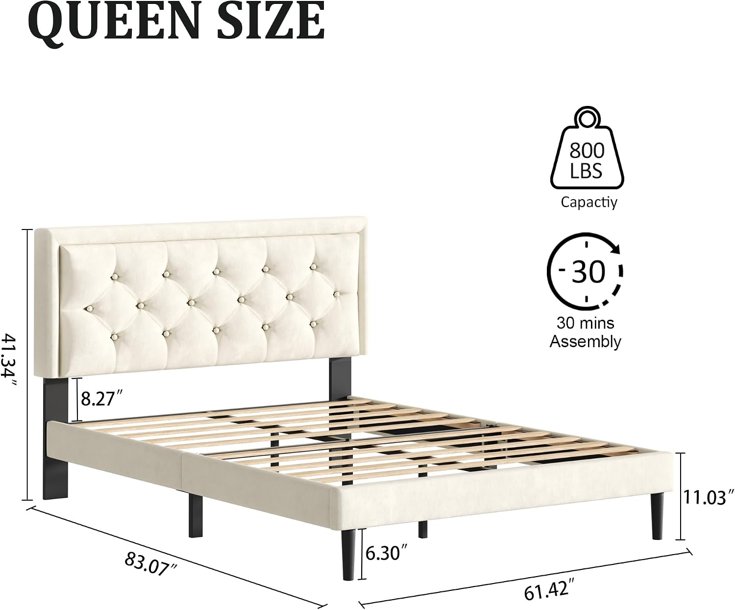 CXVX Queen Size Platform Bed Frame with Upholstered Velvet Button Tufted Headboard, Mattress Foundation with Wooden Slat Support, No Box Spring Needed, Easy Assembly, Noise Free, Beige