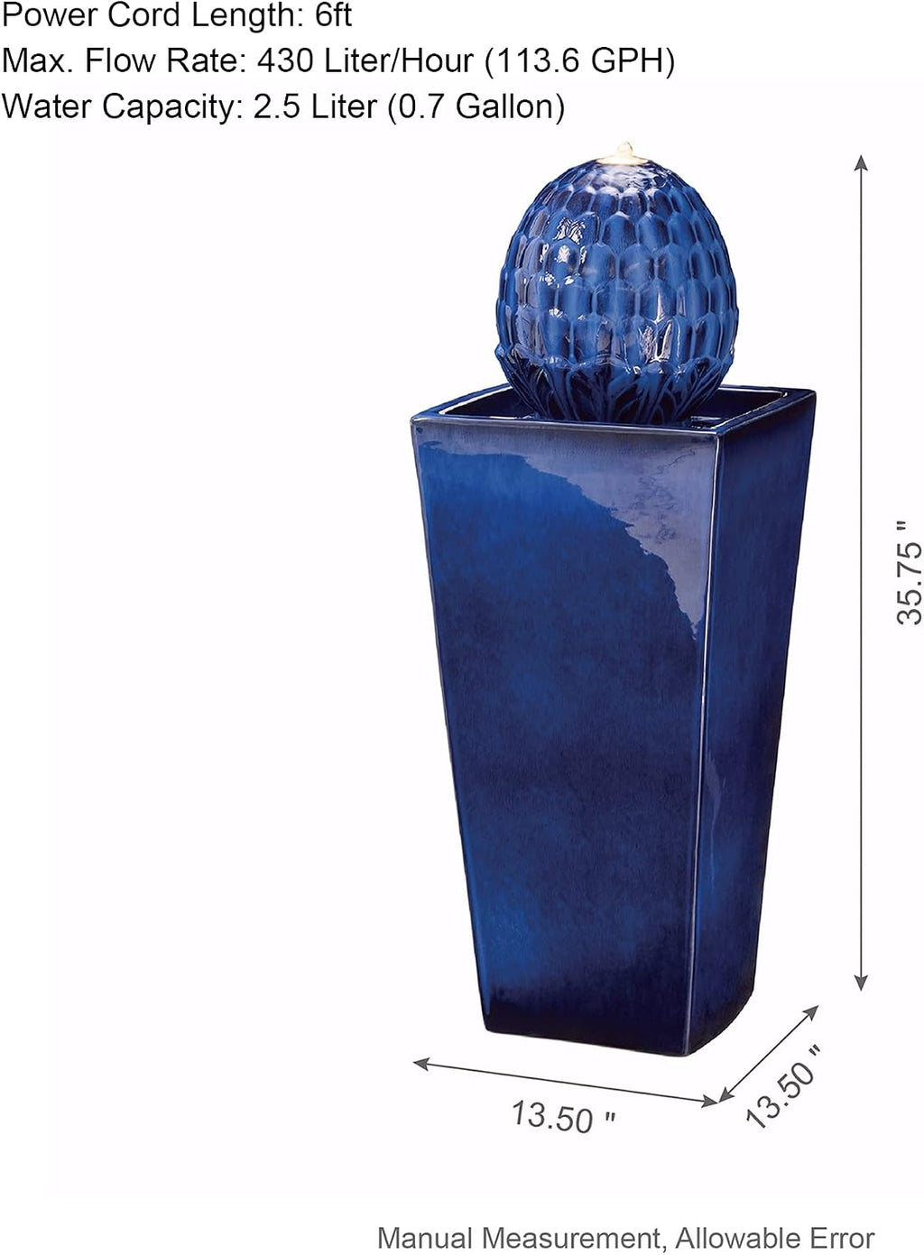 Glitzhome Ceramic Outdoor Water Fountain with LED Light, Oversized Artichoke Pedestal Water Fountains with Submersible Pump, Patio Fountain Waterfall for Garden Patio Deck Porch, Cobalt Blue, 35.75' H