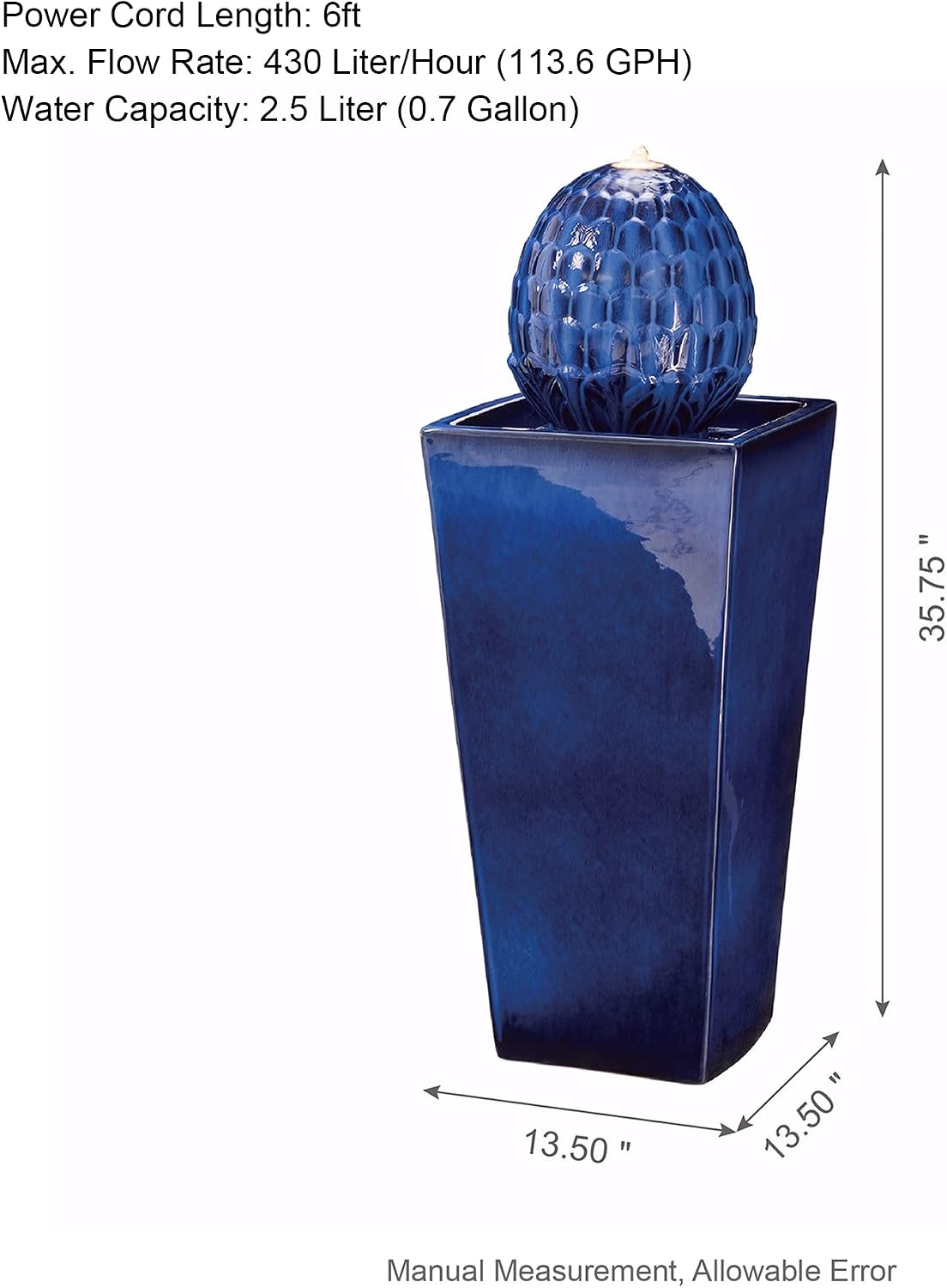 Glitzhome Ceramic Outdoor Water Fountain with LED Light, Oversized Artichoke Pedestal Water Fountains with Submersible Pump, Patio Fountain Waterfall for Garden Patio Deck Porch, Cobalt Blue, 35.75' H