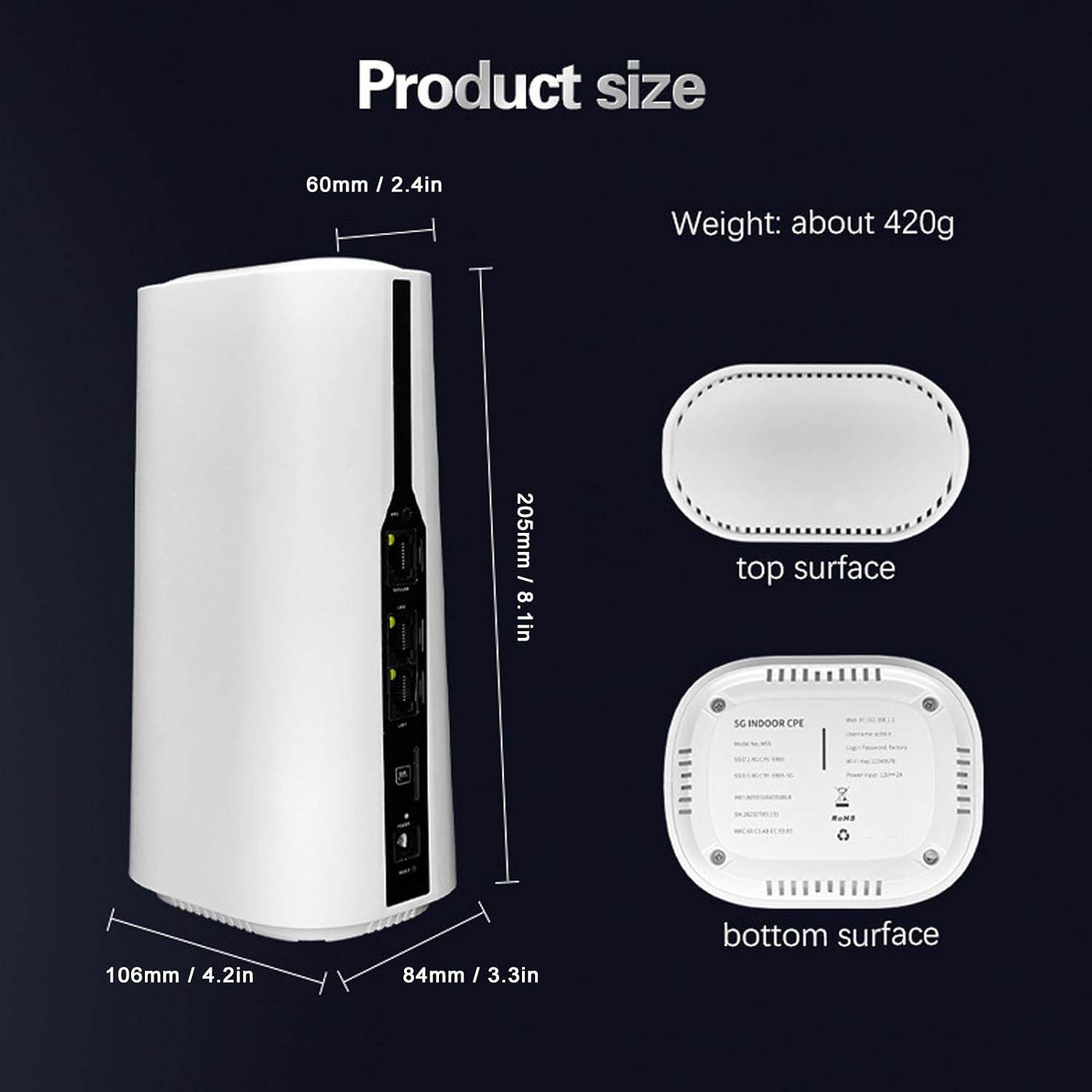 5G CPE Router, High Speed Dual Band 1800Mbps WiFi 6 Cellular Router with SIM Card Slot for Home Office ABS Material 106x84x205mm