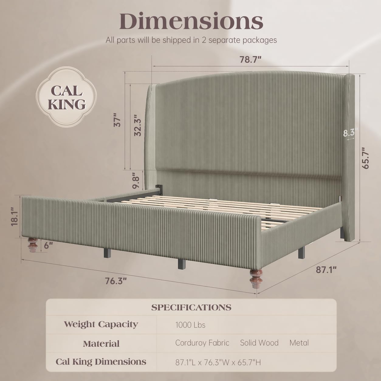 65.7' Tall Headboard California King Size Upholstered Bed Frame with Wingback, Soft Washable Corduroy Beds Cover, Solid Wood Legs, Noise-Free, No Box Spring Needed, Light Gray