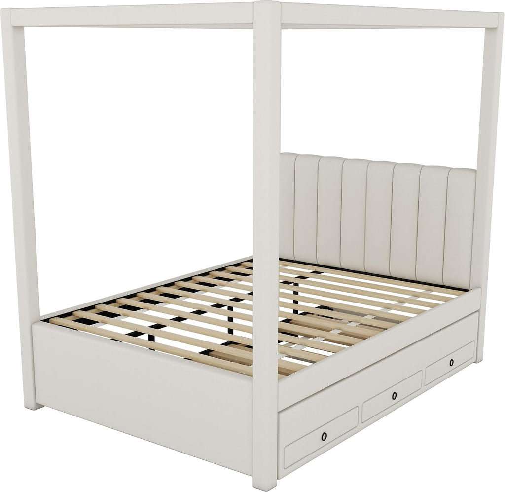 Modern Full Size Upholstery Canopy Platform Bed with Trundle and 3 Storage Drawers, Full Size Linen Storage Platform Bed with Backrest and Wood Slat Support for Kids and Teens (Beige, Full)