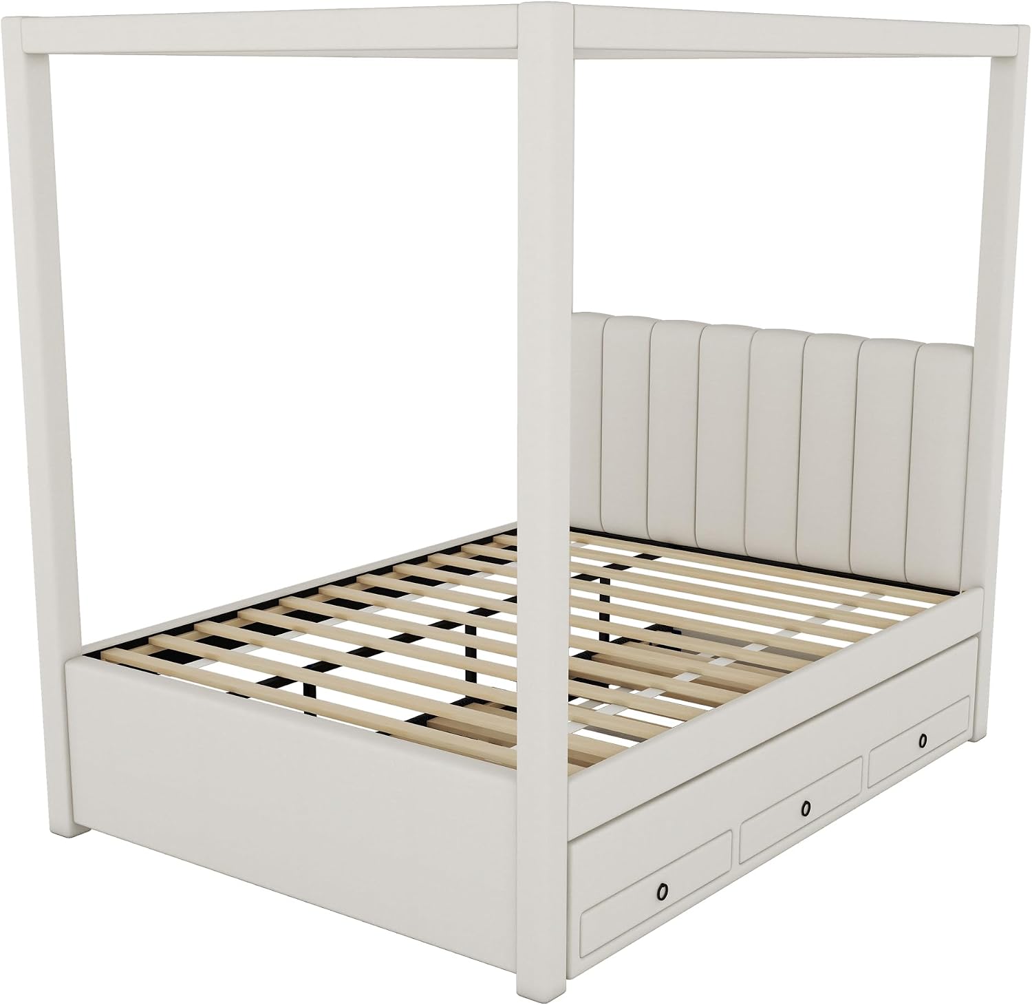 Modern Full Size Upholstery Canopy Platform Bed with Trundle and 3 Storage Drawers, Full Size Linen Storage Platform Bed with Backrest and Wood Slat Support for Kids and Teens (Beige, Full)