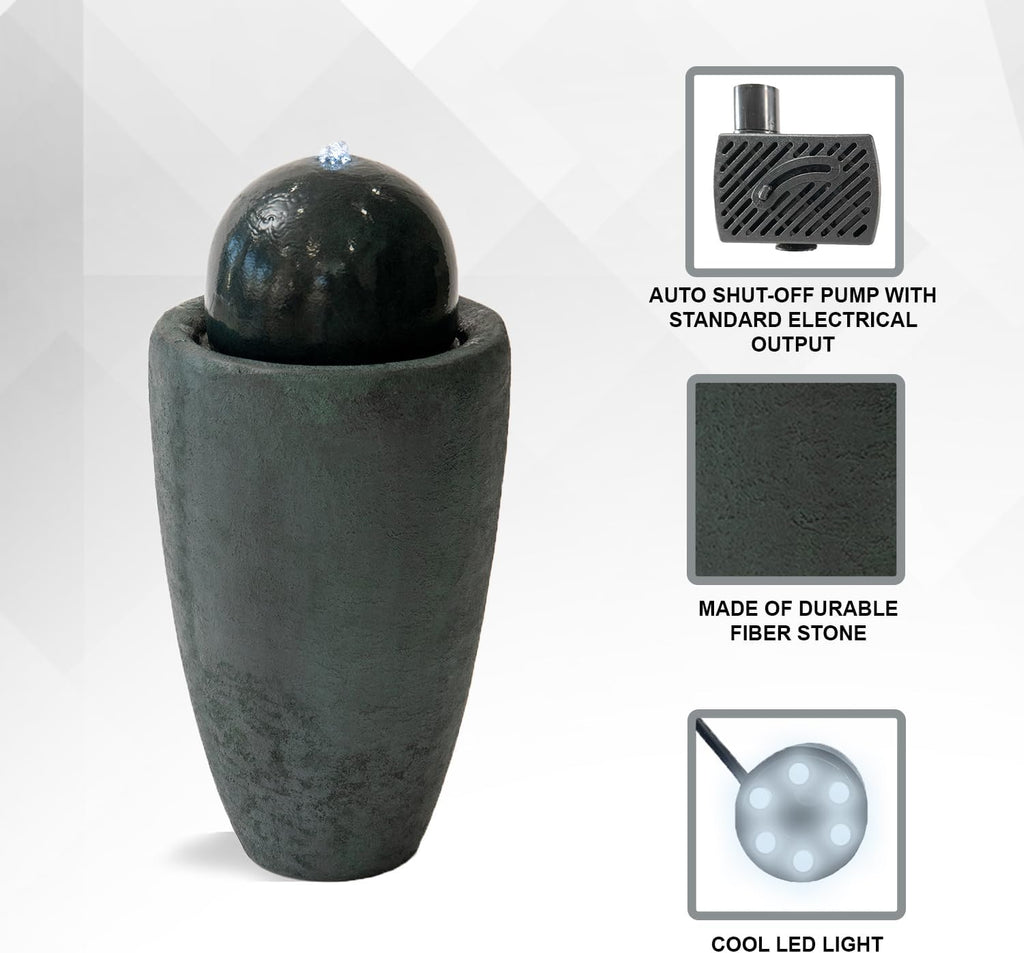 XBrand 25.98' Modern Sphere Water Fountain with LED Light – Indoor Outdoor Stone Texture Floor Fountain, Zen Bubbling Ball Water Feature for Garden Patio Porch - Dark Green