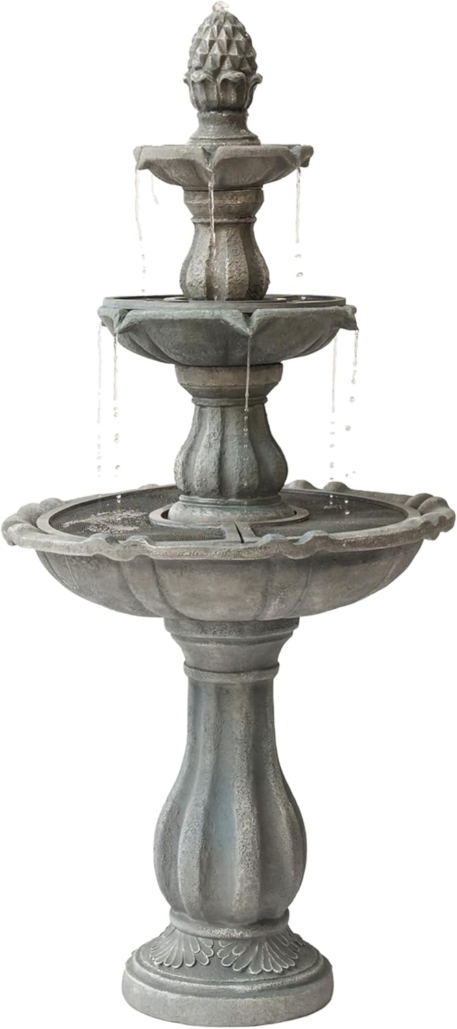 XBrand 51' 3-Tier Outdoor Freestanding Waterfall Fountain with Pump and Pineapple Finial, Gray