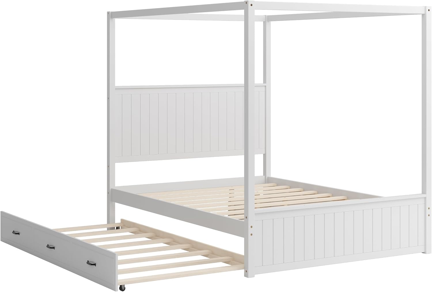 Queen Size Canopy Bed with Trundle and Three Storage Drawers, 4-Post Wood Bed Frame with Headboard, No Box Spring Needed (White)