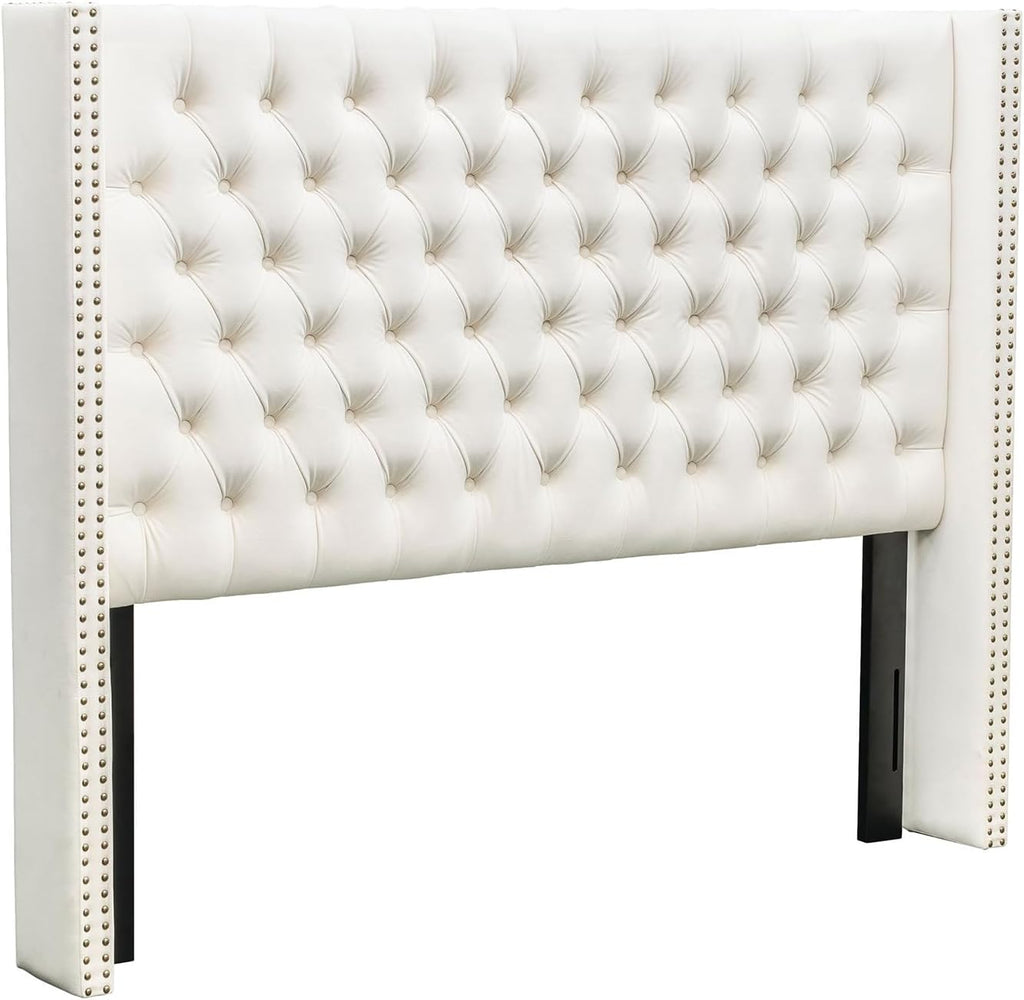 Madison Park Amelia Headboard Queen Wingback Upholstered - Hand-Tufted Button Detail, Double Nailhead Trim, Foam-Padded Durable Fabric, Adjustable Fit for Classic Bedrooms-Beige Velvet