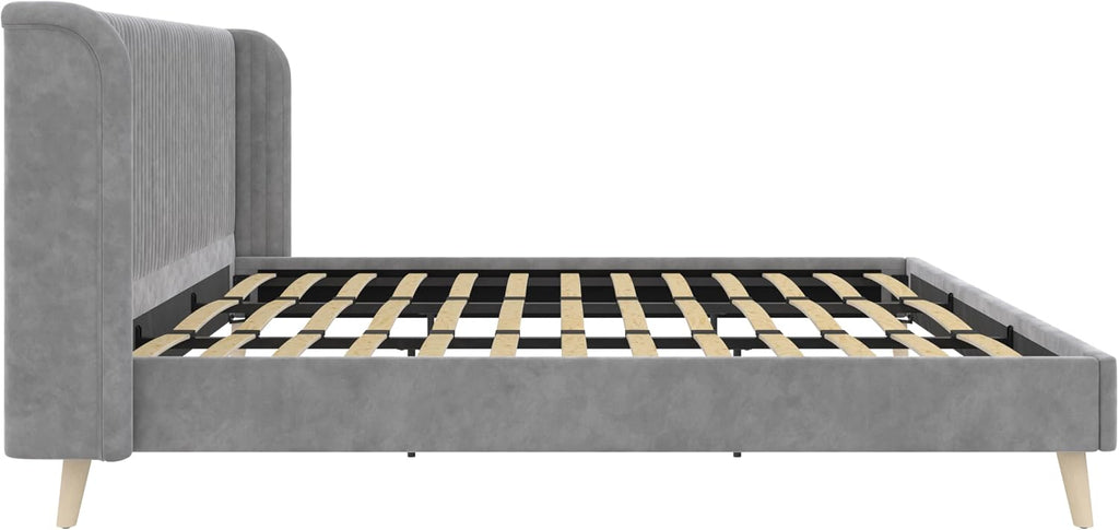 Novogratz Holly Upholstered Wingback Bed Frame, King, Light Gray Velvet