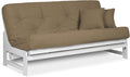 Nirvana Futons Arden White Futon Set Queen Size - Armless Futon Frame with Mattress (Microfiber Sussex Khaki), Space Saving Modern Sofa Bed Sleeper