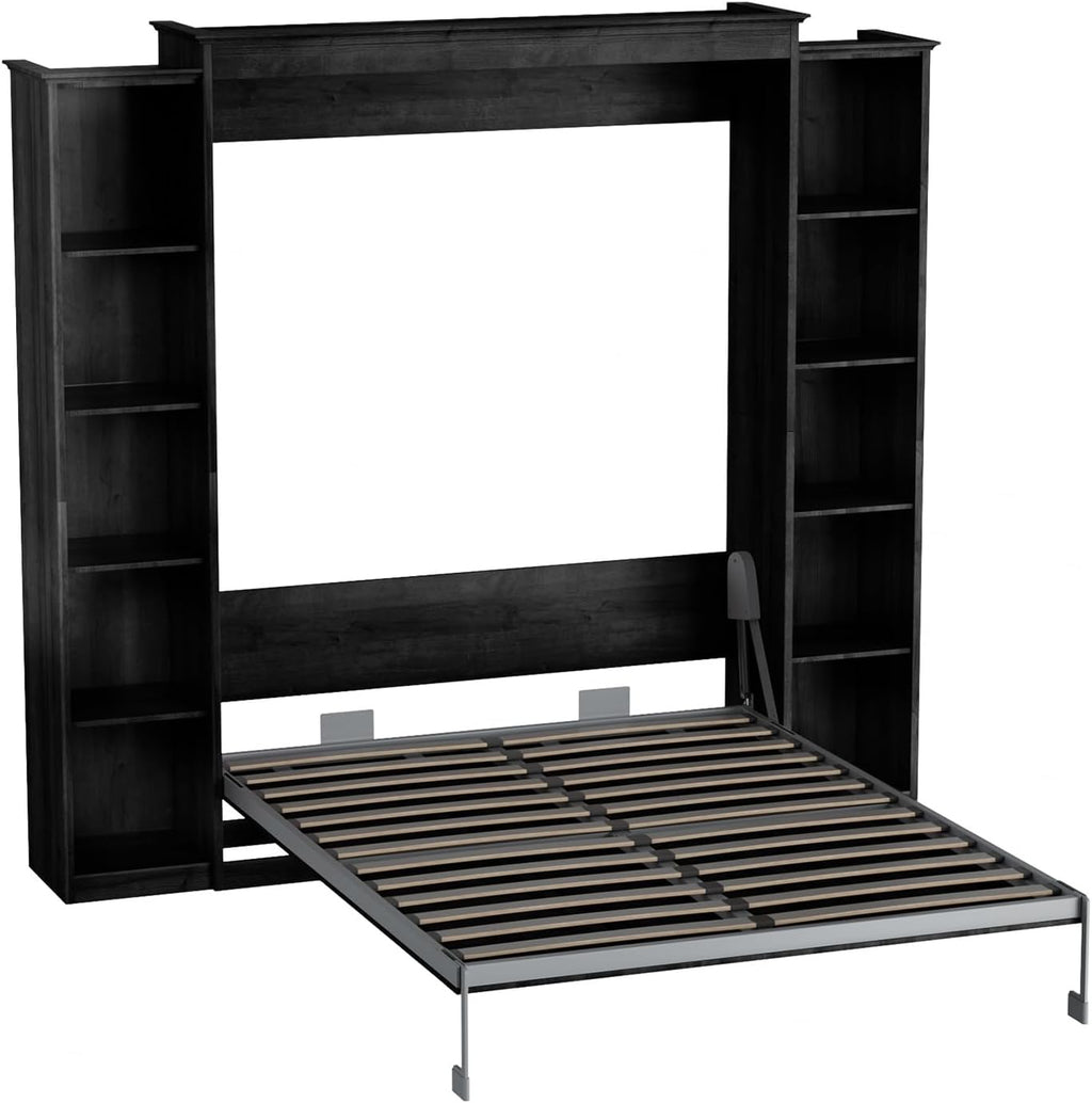 Rophefx Queen Murphy Bed Cabinet with 5-Tier Adjustable Storage Shelves, Wood Queen Wall Bed Cabinet Bed Frame, Space Saving Beds, Hidden Bedframe, Foldable Platform Beds for Guest Room, Black Gray