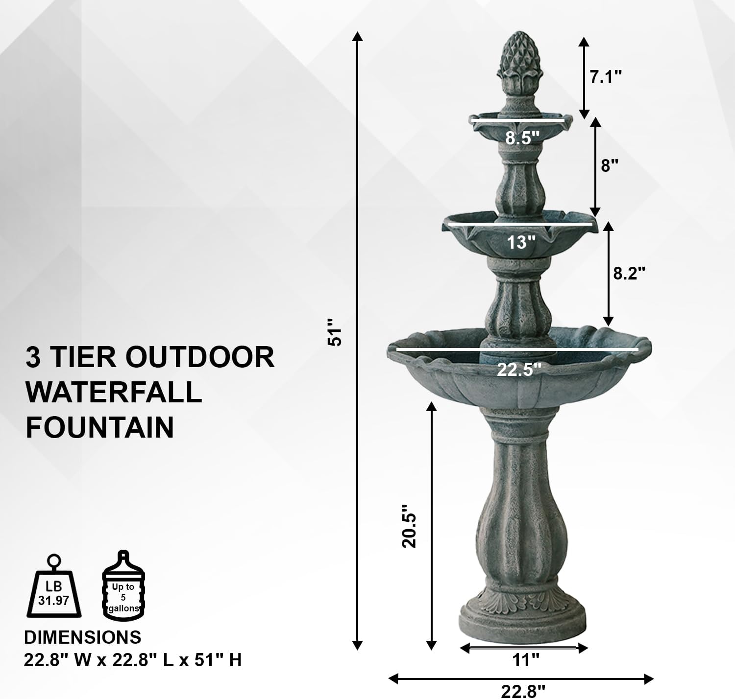 XBrand 51' 3-Tier Outdoor Freestanding Waterfall Fountain with Pump and Pineapple Finial, Gray