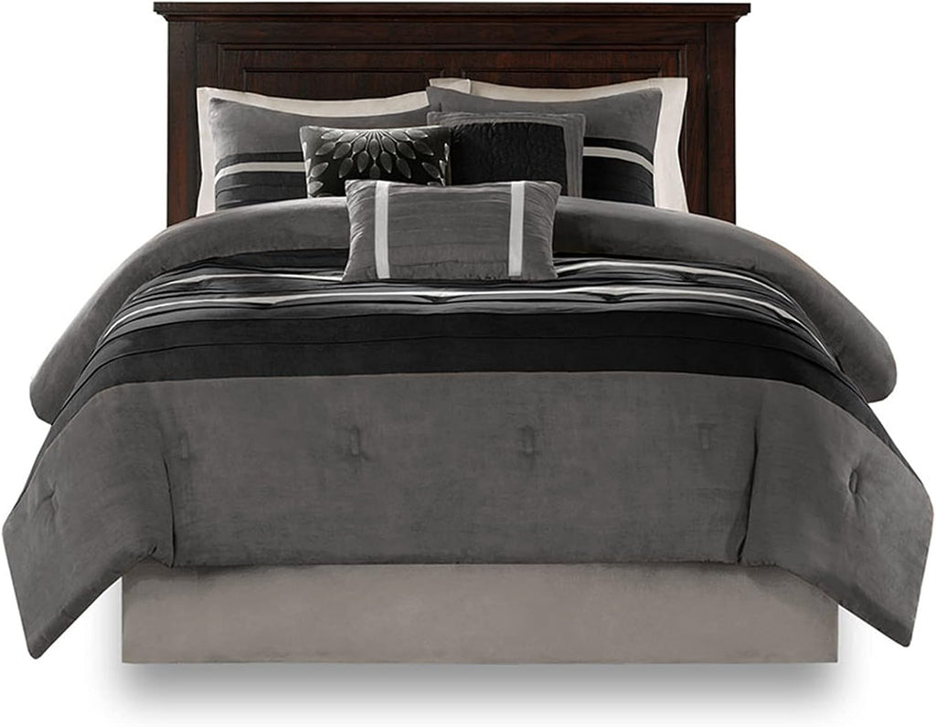 Madison Park - Palmer 7 Piece Comforter Set - Black and Gray - California King - Pieced Microsuede - Includes 1 Comforter, 3 Decorative Pillows, 1 Bed Skirt, 2 Shams