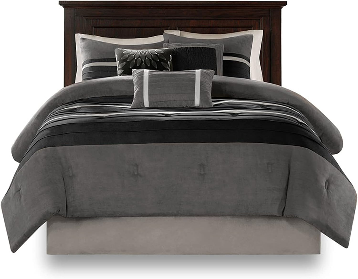 Madison Park - Palmer 7 Piece Comforter Set - Black and Gray - California King - Pieced Microsuede - Includes 1 Comforter, 3 Decorative Pillows, 1 Bed Skirt, 2 Shams