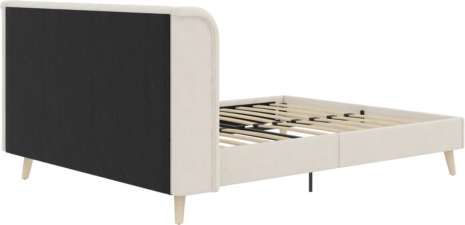 Novogratz Holly Upholstered Wingback Bed Frame, Queen, Ivory Velvet