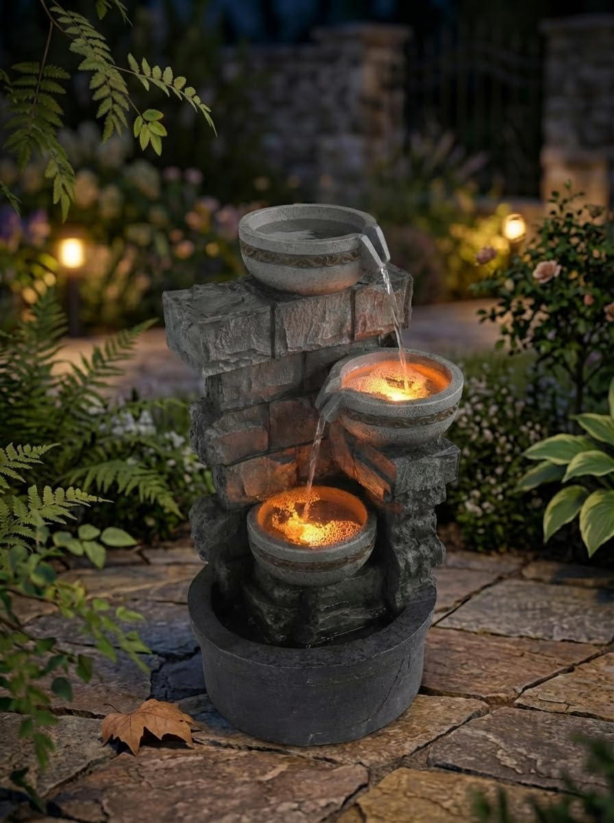 Cheng Pin 3 Tiers Outdoor Water Fountain, 28 Inch Tall Stacked Stones Cascading Bowl Fountain, Relaxing Waterfall Flow Water Feature, Bird Rest Station for Garden, Lawn, Yard Outdoor Decor