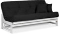 Nirvana Futons Arden White Futon Set Queen Size - Armless Futon Frame with Mattress Included (Twill Black), Space Saving Modern Sofa Bed Sleeper