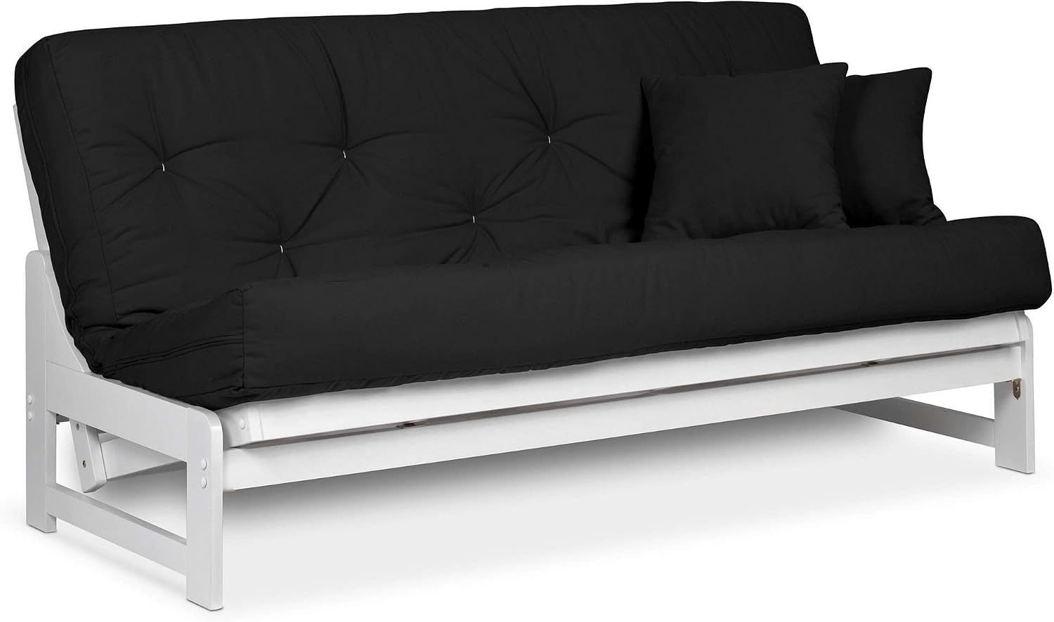 Nirvana Futons Arden White Futon Set Queen Size - Armless Futon Frame with Mattress Included (Twill Black), Space Saving Modern Sofa Bed Sleeper