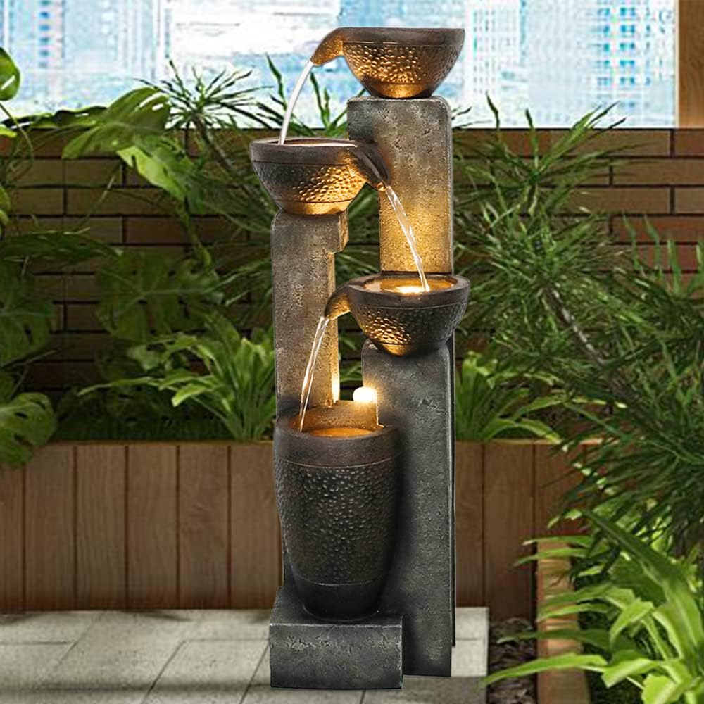 Hamiedun 40''H Water Fountain Outdoor Decor, 4-Tier Crocks Fountains for Outsides with LED Lights, Indoor Waterfalls Fountain for Garden, Patio, Deck, Porch, Backyard and Home Art Decor (40inch)