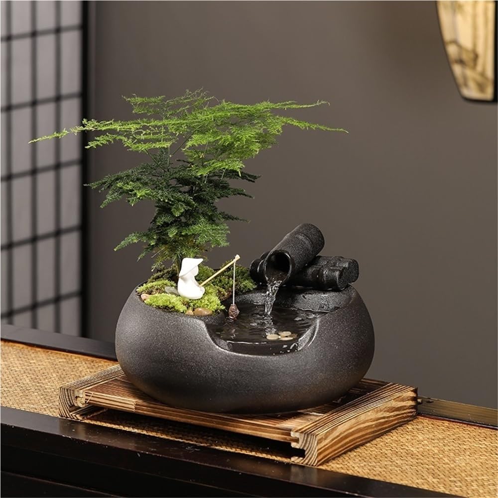 Small Indoor Waterfall Fountain, Ceramic Tabletop Fountain Water Feature Fall, Water Decoration, Humidifier for Home, Office(Gray)
