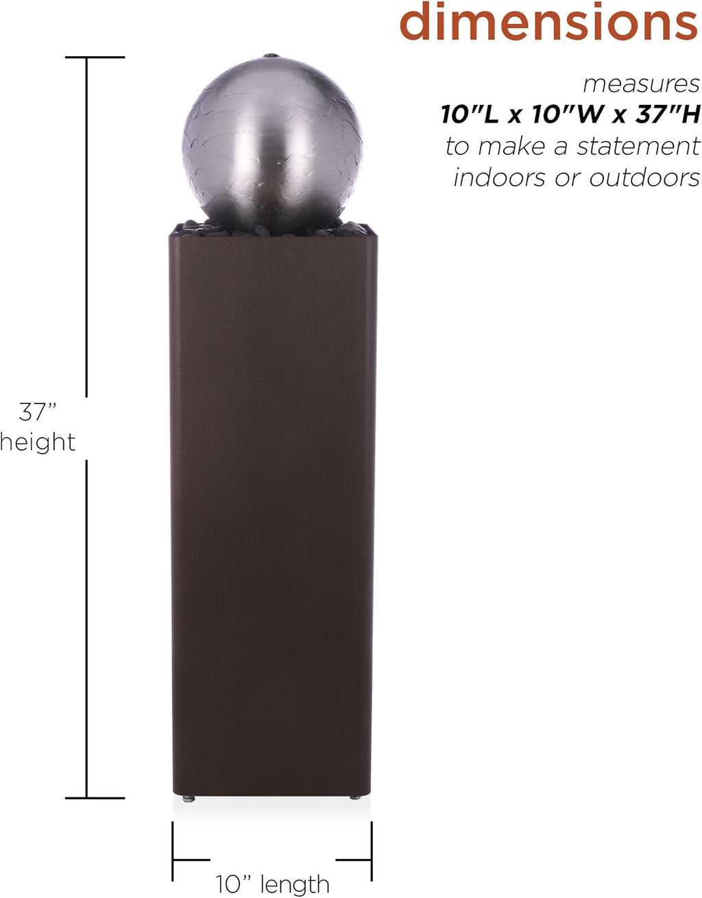 Alpine Corporation CPS188 Indoor Outdoor Modern Metal Orb Water Floor Fountain with River Rock Stone for Patio, Garden and Living Room, 37' H, Brown