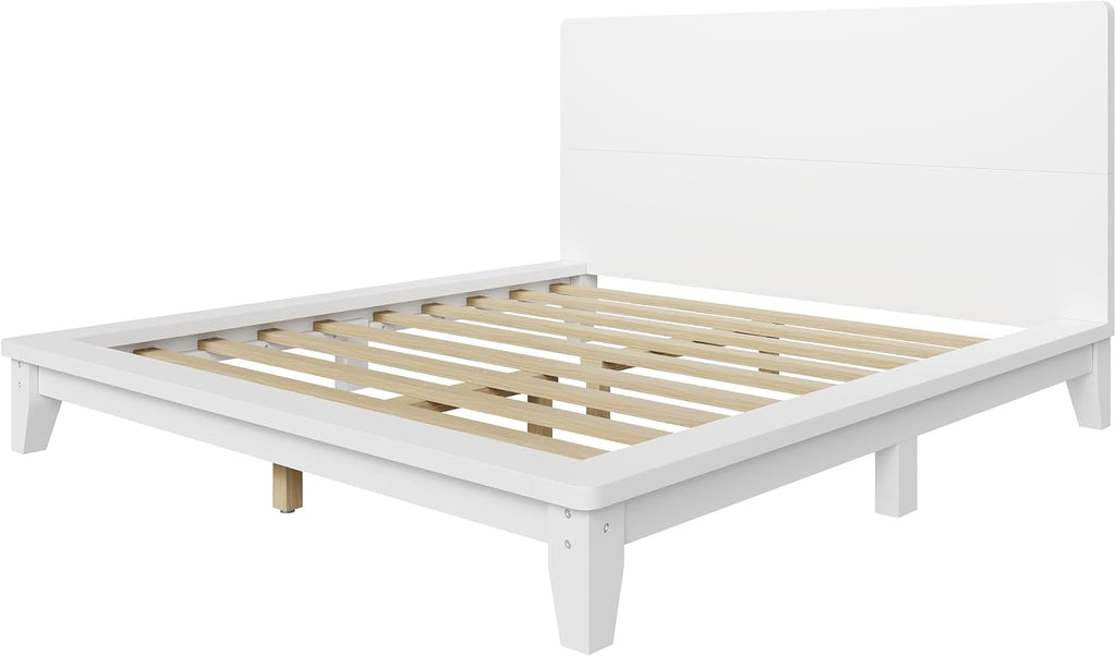 Merax Full Size Solid Wood Platform Bed Frame, Modern Comfortable with Headboard, Slat Support, No Box Spring Needed, White