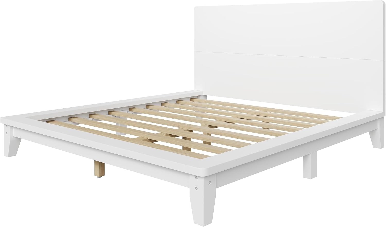 Merax Full Size Solid Wood Platform Bed Frame, Modern Comfortable with Headboard, Slat Support, No Box Spring Needed, White