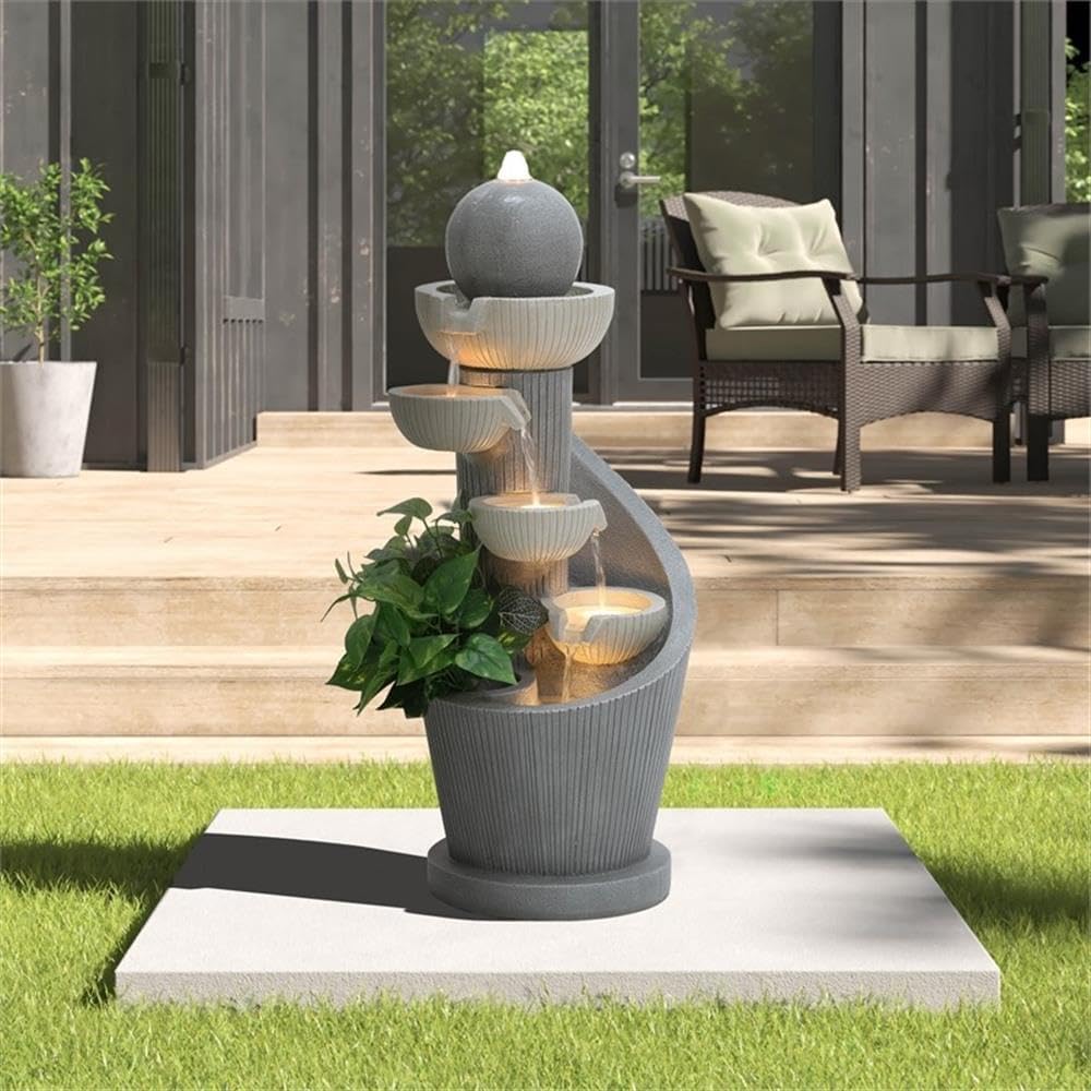 LuxenHome Outdoor Water Fountain, 29 Inch Resin Cascading Water Fountains Indoor with LED Lights, Modern Garden Decor, Small Waterfall Fountain, Outdoor Fountains and Waterfalls