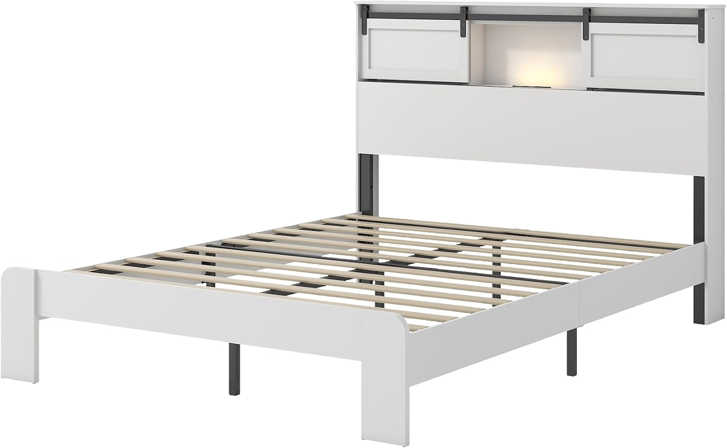 Ball & Cast Queen Bed Frame with Storage Headboard & Built in Charging Station,Farmhouse Platform Bed Frame Queen Size with Wood Slats Support,No Noise,No Box Spring Needed, White