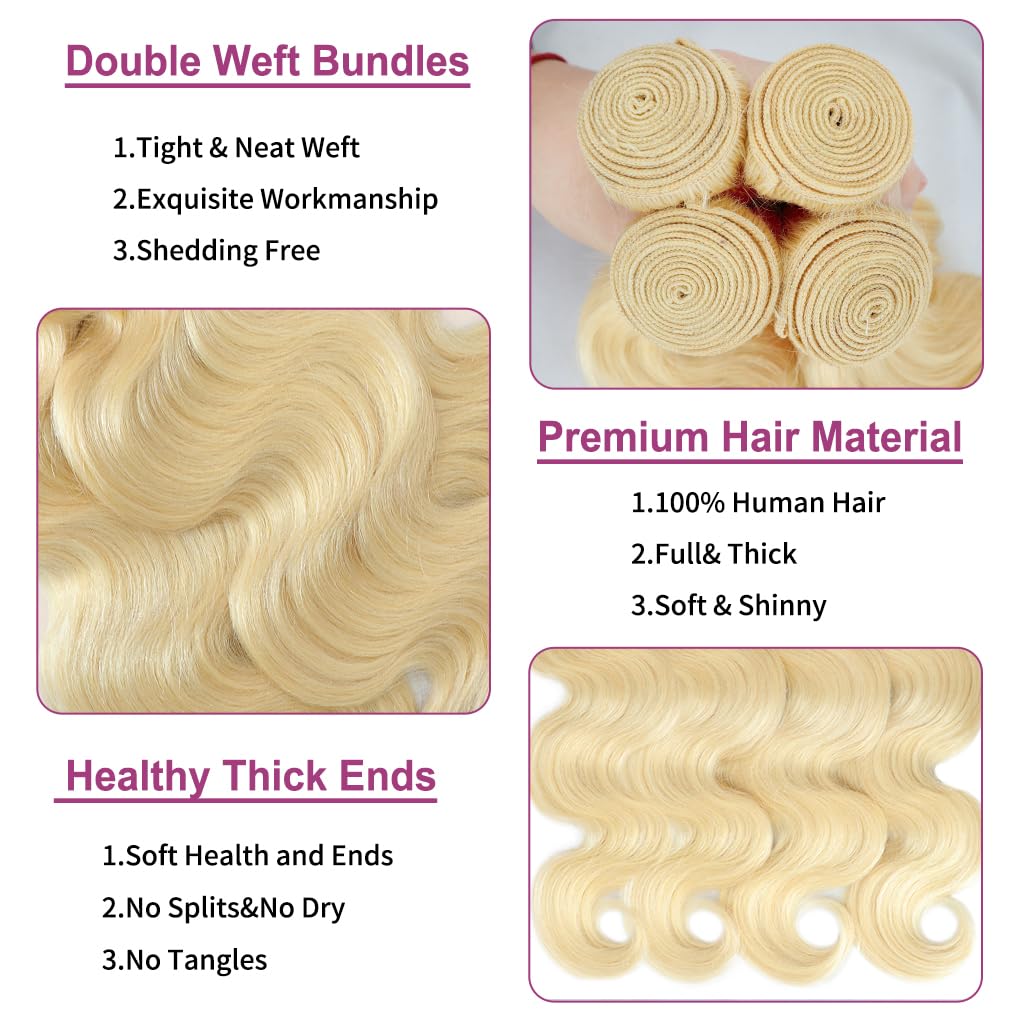 613 Bundles Human Hair 14 16 18 20 Inch Blonde Bundles Human Hair Body Wave 4 Bundles, 100% Raw Indian Hair, Can Be Dyed, Highlighted or Restyled, Minimal Shedding, No Tangle, Easy to Take Care of.