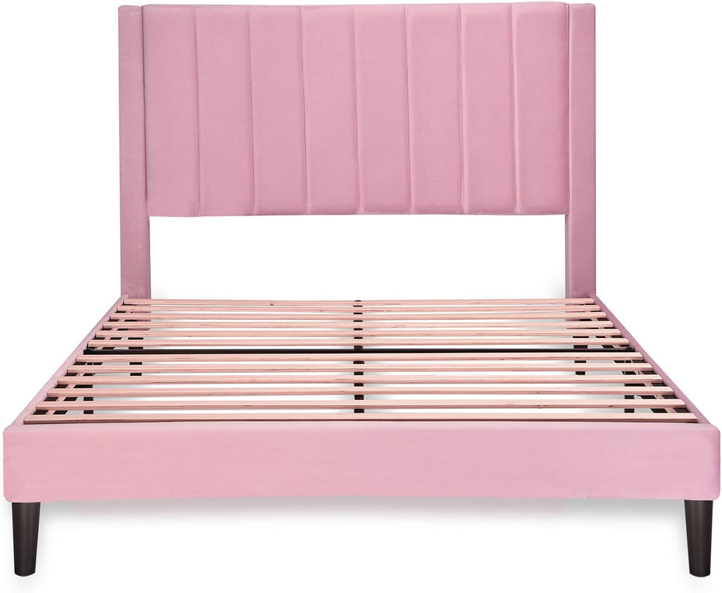 Allewie Queen Bed Frame/Velvet Upholstered Bed Frame with Vertical Channel Tufted Headboard/Strong Wooden Slats/Platform Bed Frame/Mattress Foundation/Box Spring Optional/Easy Assembly/Pink