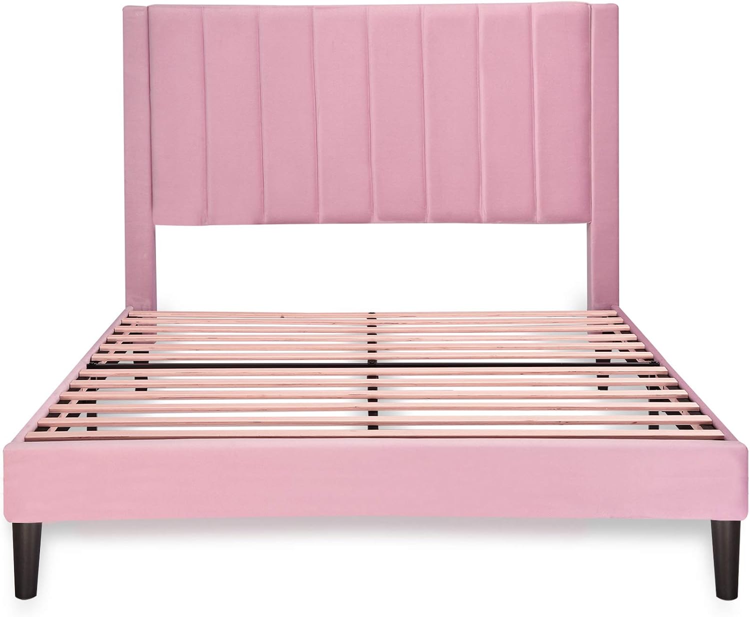 Allewie Queen Bed Frame/Velvet Upholstered Bed Frame with Vertical Channel Tufted Headboard/Strong Wooden Slats/Platform Bed Frame/Mattress Foundation/Box Spring Optional/Easy Assembly/Pink