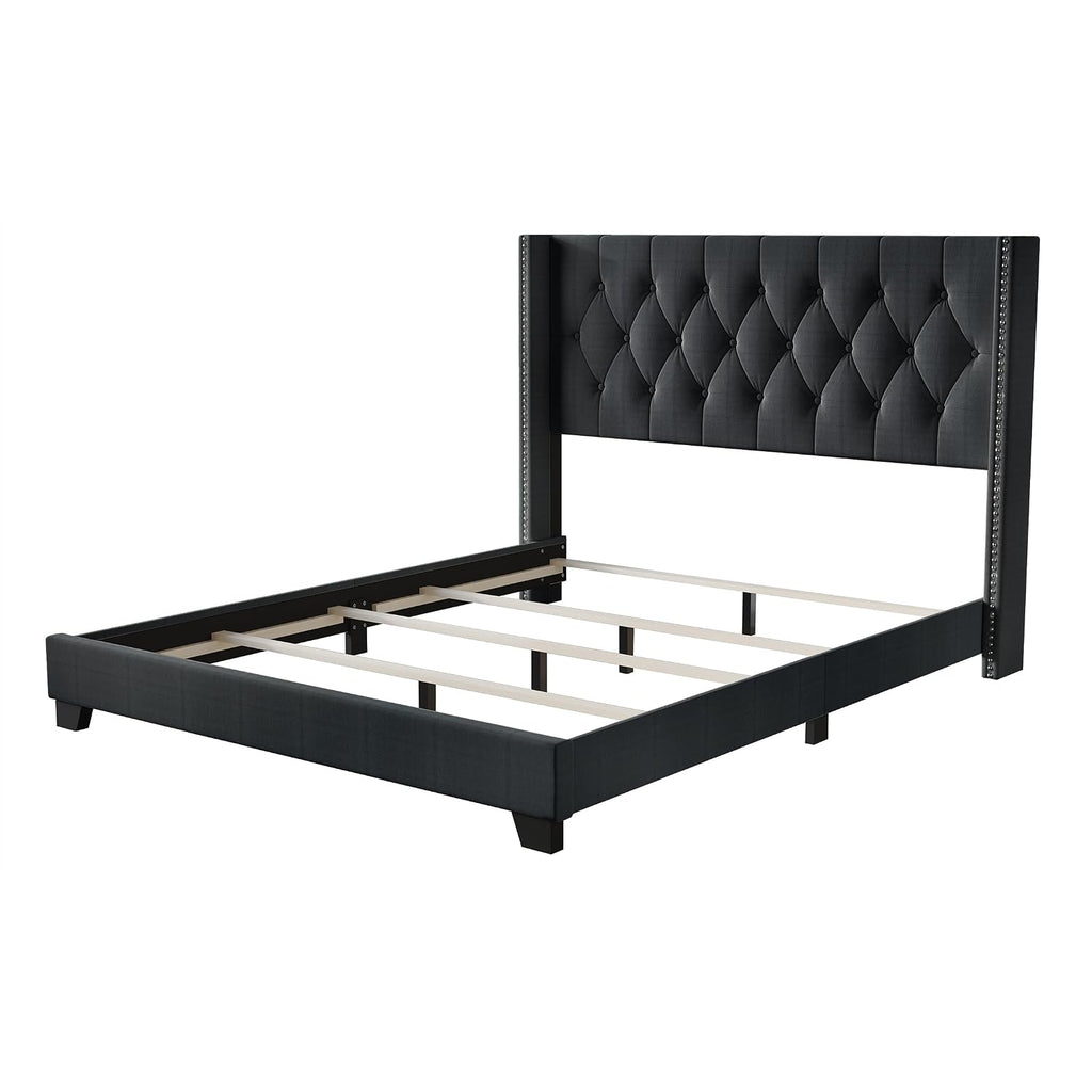Queen Button Tufted Wingback Linen Upholstered Bed, Charcoal Grey