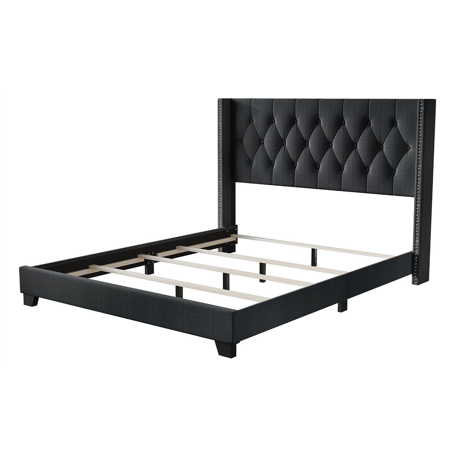 Queen Button Tufted Wingback Linen Upholstered Bed, Charcoal Grey