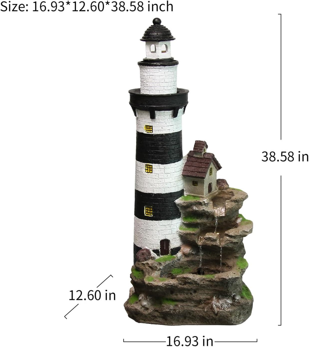 YZM 38.58' H Lighthouse Floor Waterfall Fountain with LED Lights 3-Tiered Rock Water Fountain Outdoor Garden for Patio Backyard Home Decor
