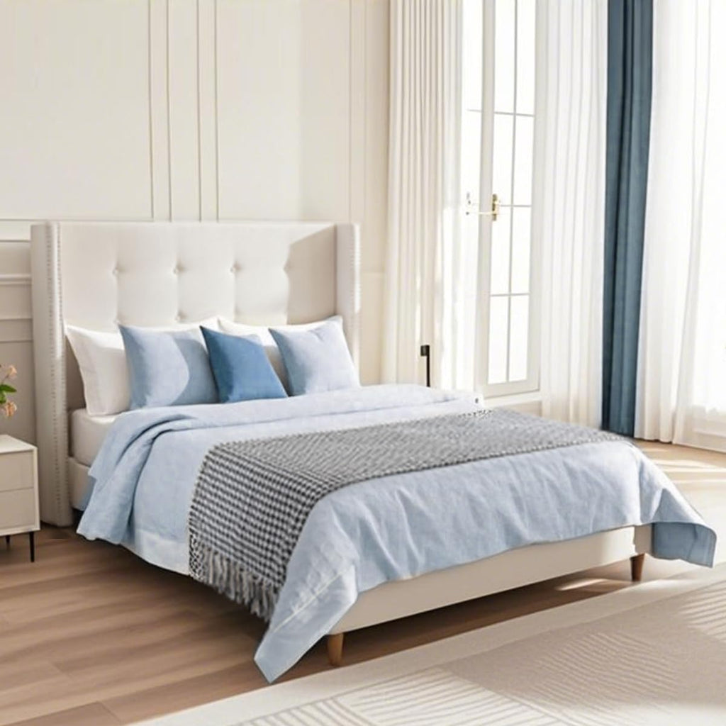Queen Size Bed Frame,54'High Headboard Button Tufted Nailhead Trimmed Backrest Headboard,Velvet Metal Upholstered Platform Bed Frame,Wooden Slats Provide Strong Support,No Springs Required